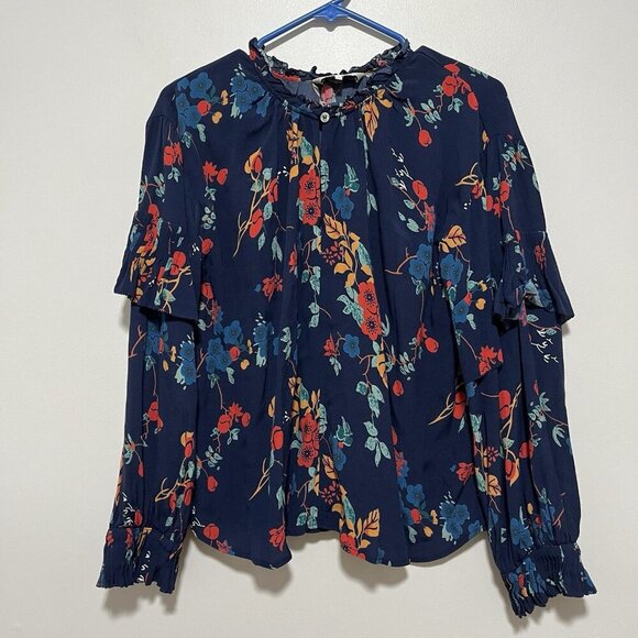 Sea NYC Mari Blue Floral Ruffle Long Sleeve Blouse Size 4 - Picture 4 of 11